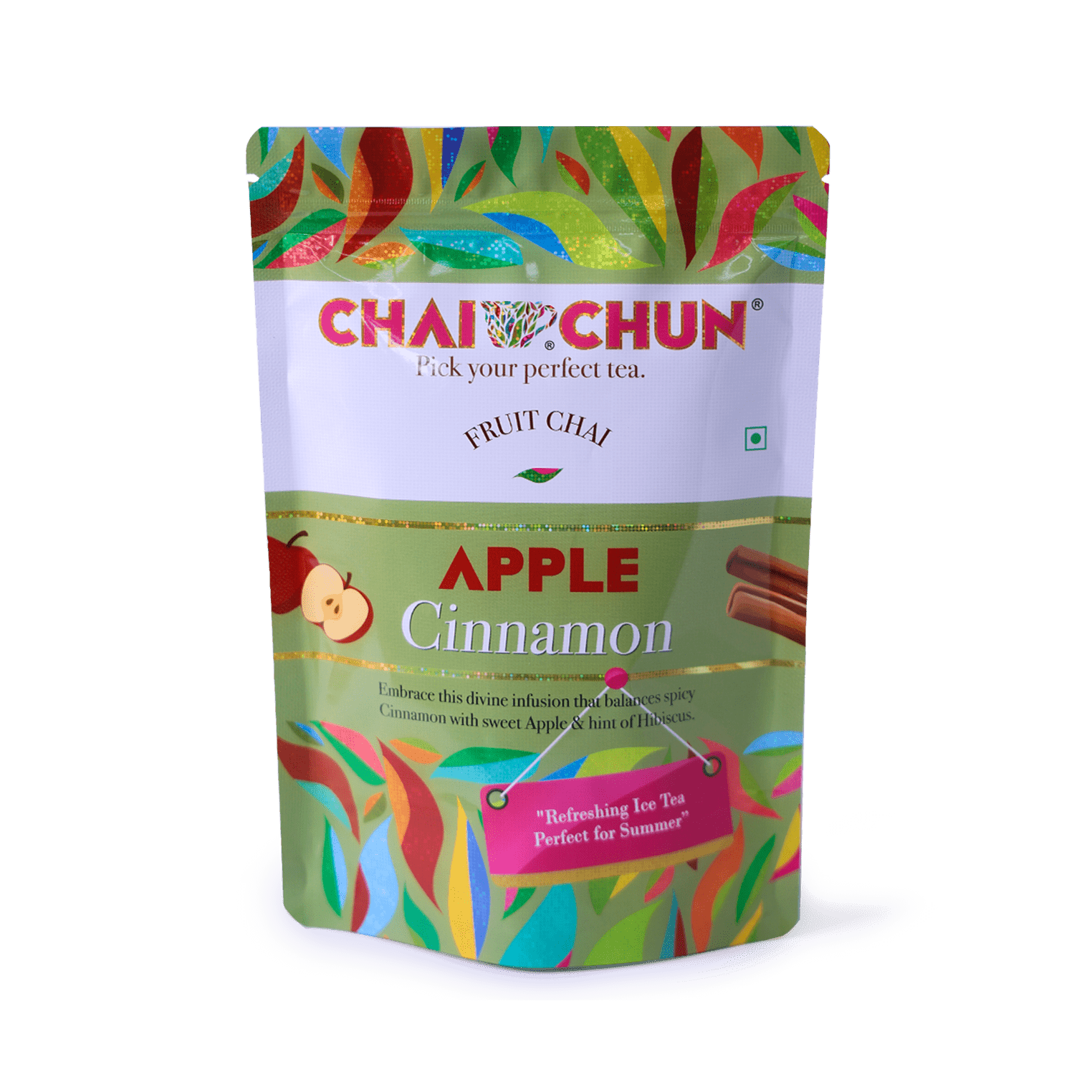 A zipper pouch of ChaChun Apple Cinnamon Fruit Tea with colorful packaging.