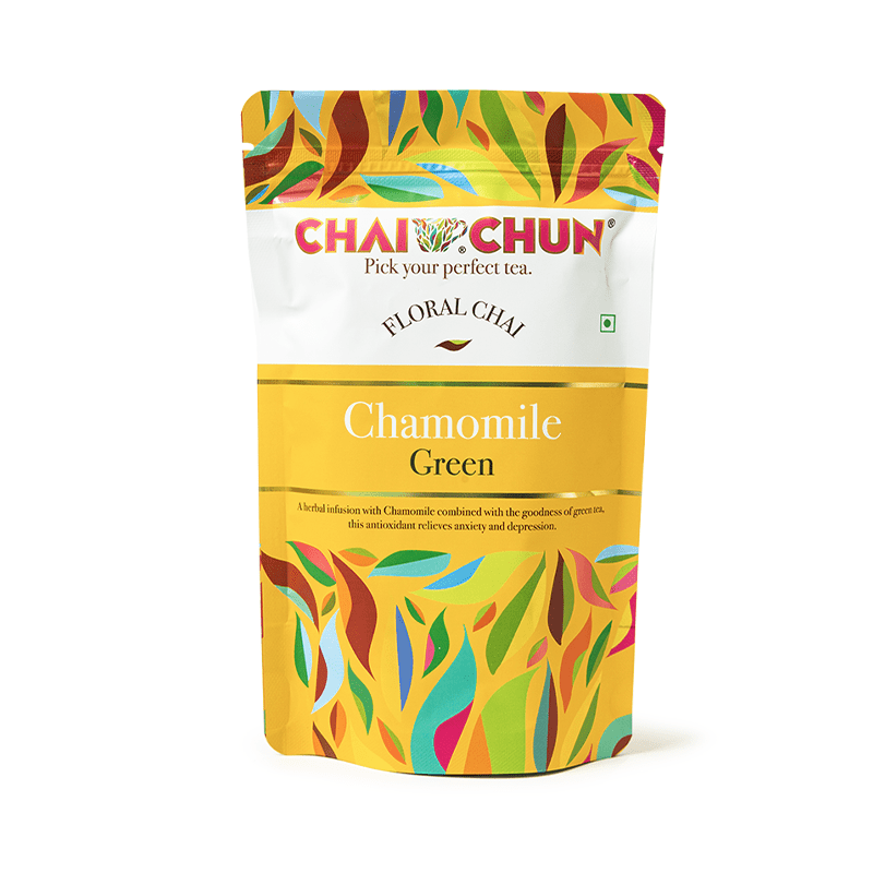 A pouch of ChaChun Floral Chai Tea with Chamomile Green Tea flavor, featuring multicolored floral patterns on the packaging.