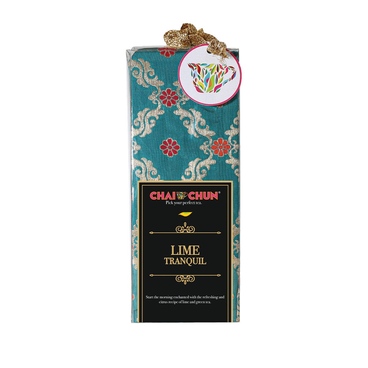 A package of Chaichun Lime Tranquil tea with a turquoise and gold design, indicating a flavored tea product.