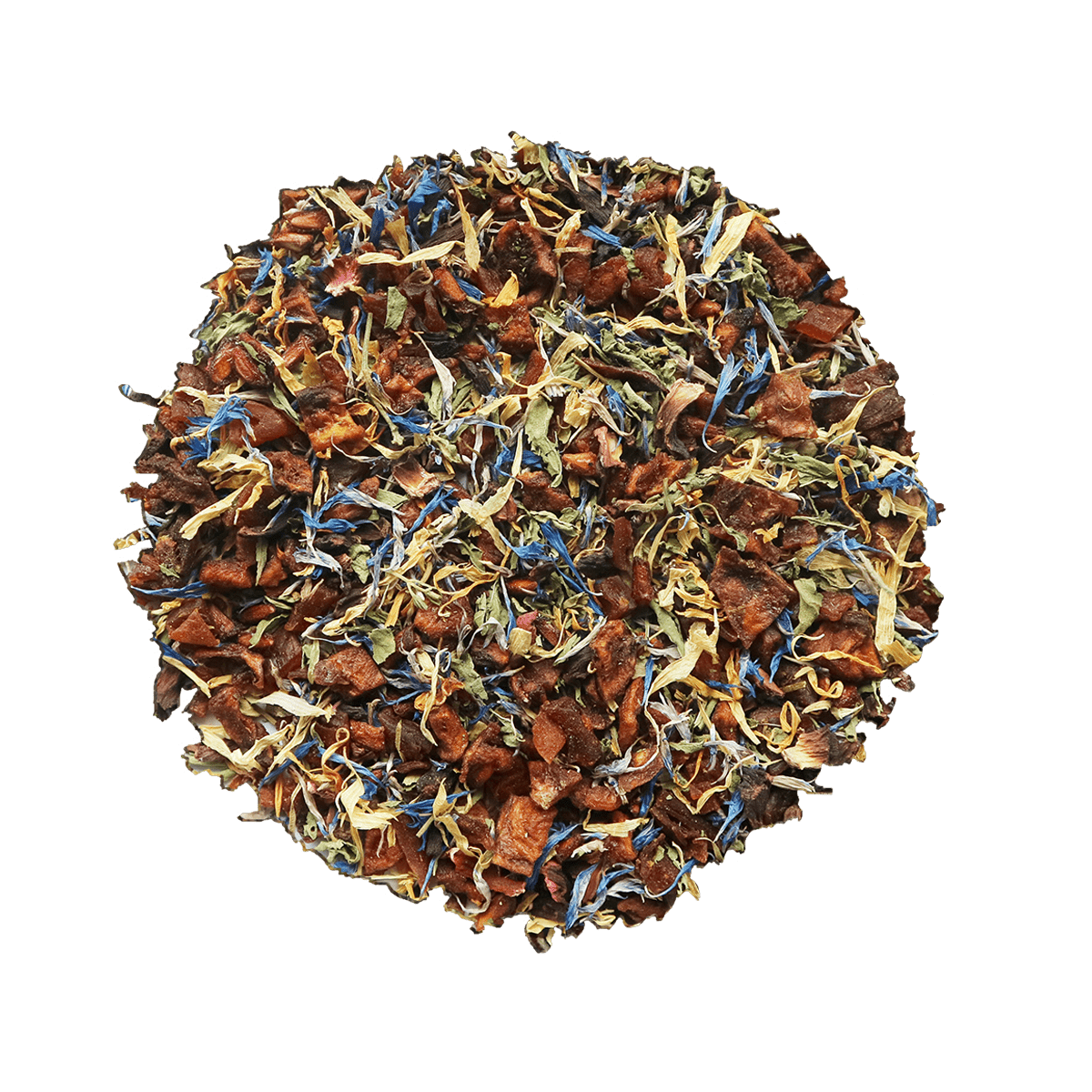 Mango Melange fruit tea by CHAI CHUN, with colorful graphics of fruits and leaves.