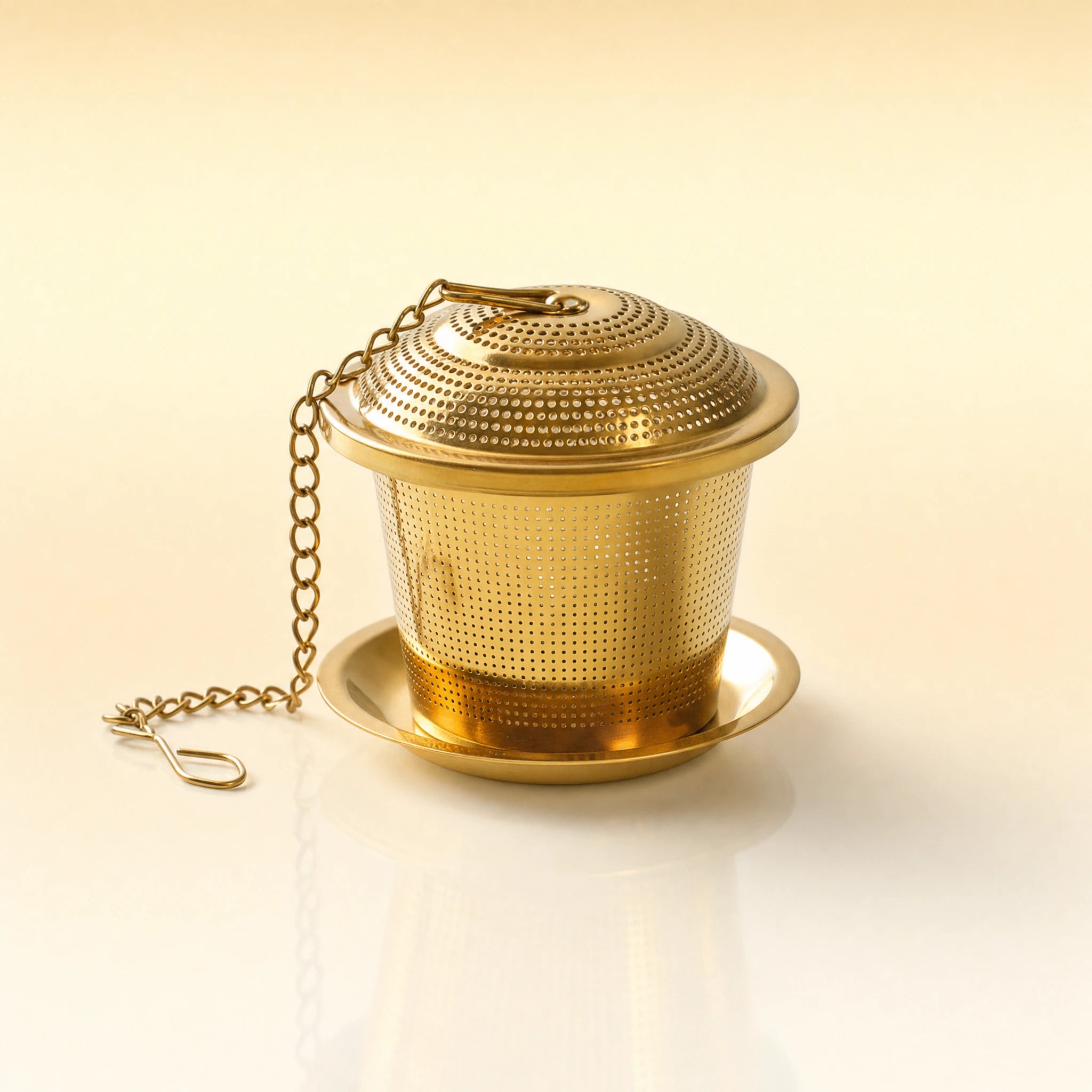 Royal Vault Infuser – Gold-toned stainless steel mesh tea infuser with a domed perforated lid, matching saucer, and a gold chain with hook, photographed on a warm cream background.