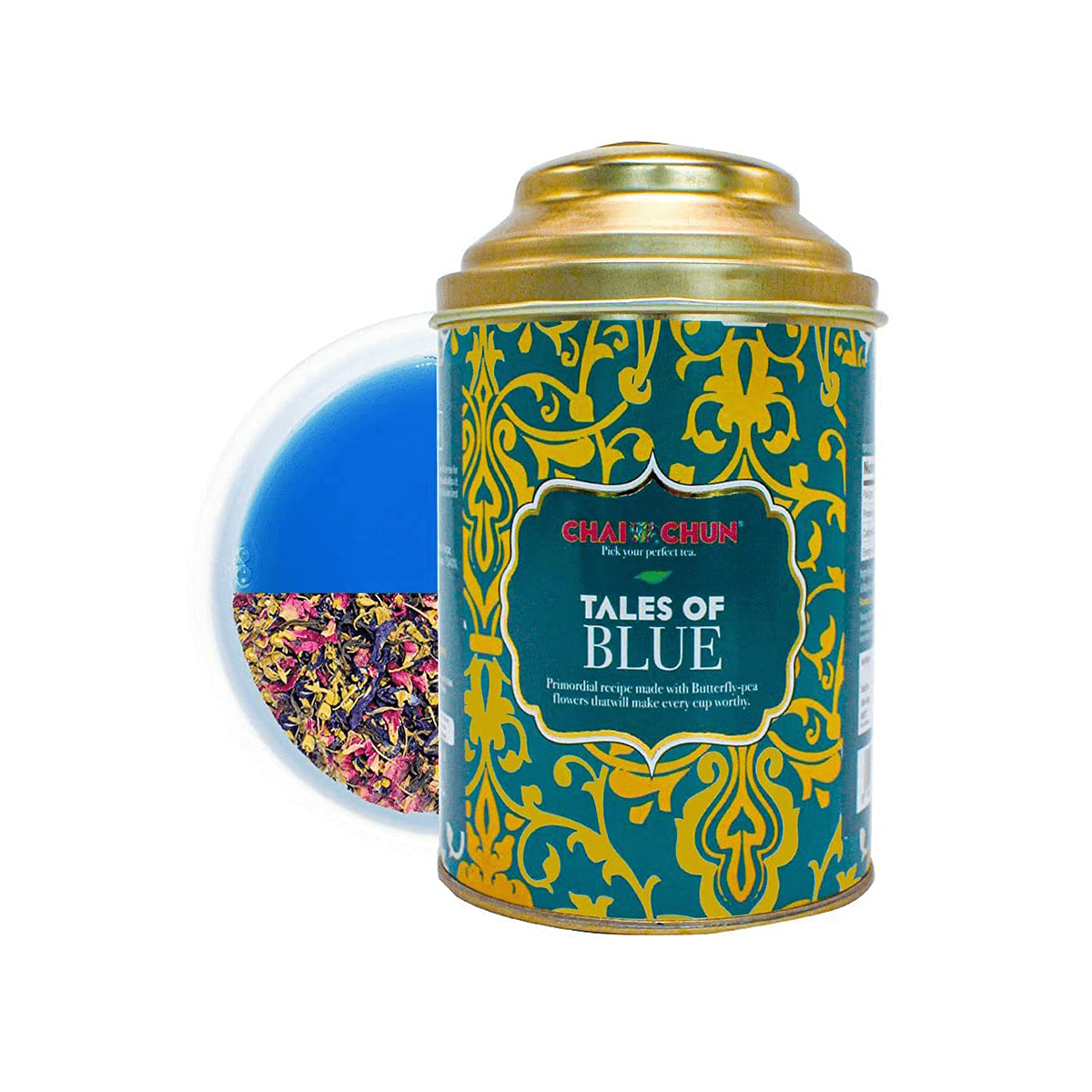 A decorative tin caddy with a floral pattern labeled 'Tales of Blue' next to a small inset image of the blue butterfly pea flower tea.