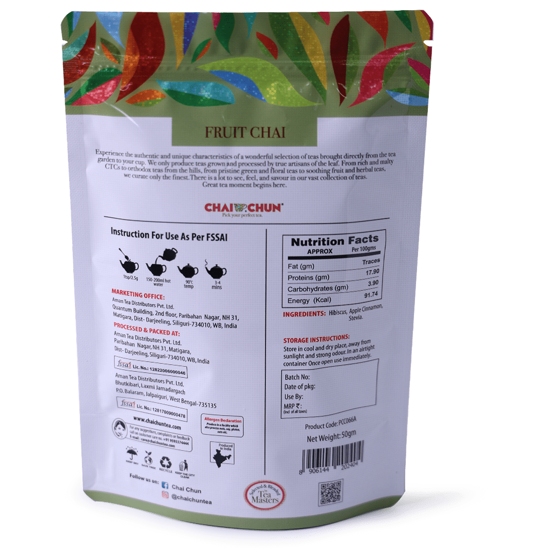 A zipper pouch of ChaiChun Apple Cinnamon Fruit Tea with colorful packaging.