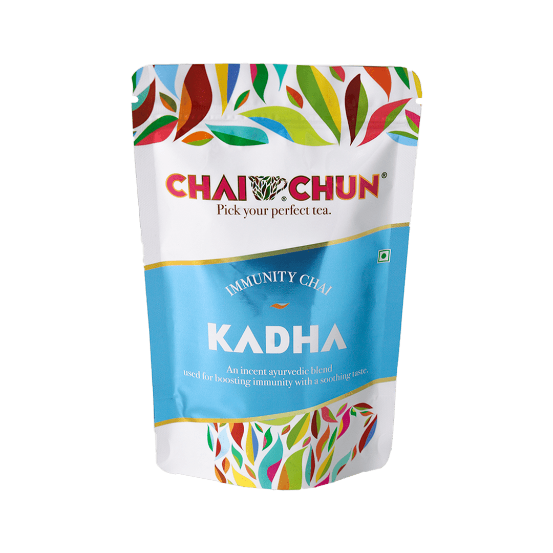 A colorful pouch of Chai Chun Immunity Chai KADHA tea, with floral and herbal imagery on the packaging.