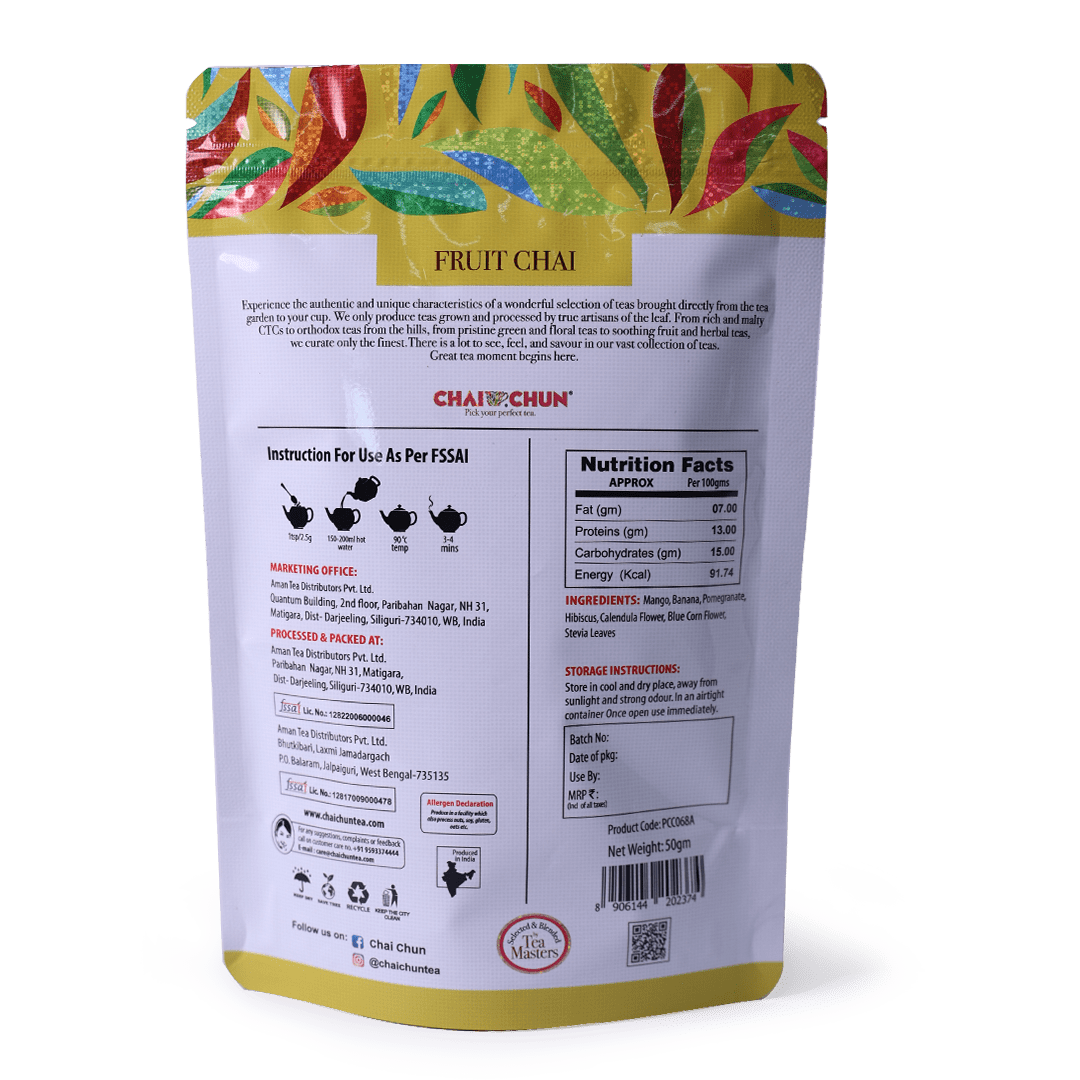 Packaging of Mango Melange fruit tea by CHAI CHUN, with colorful graphics of fruits and leaves.