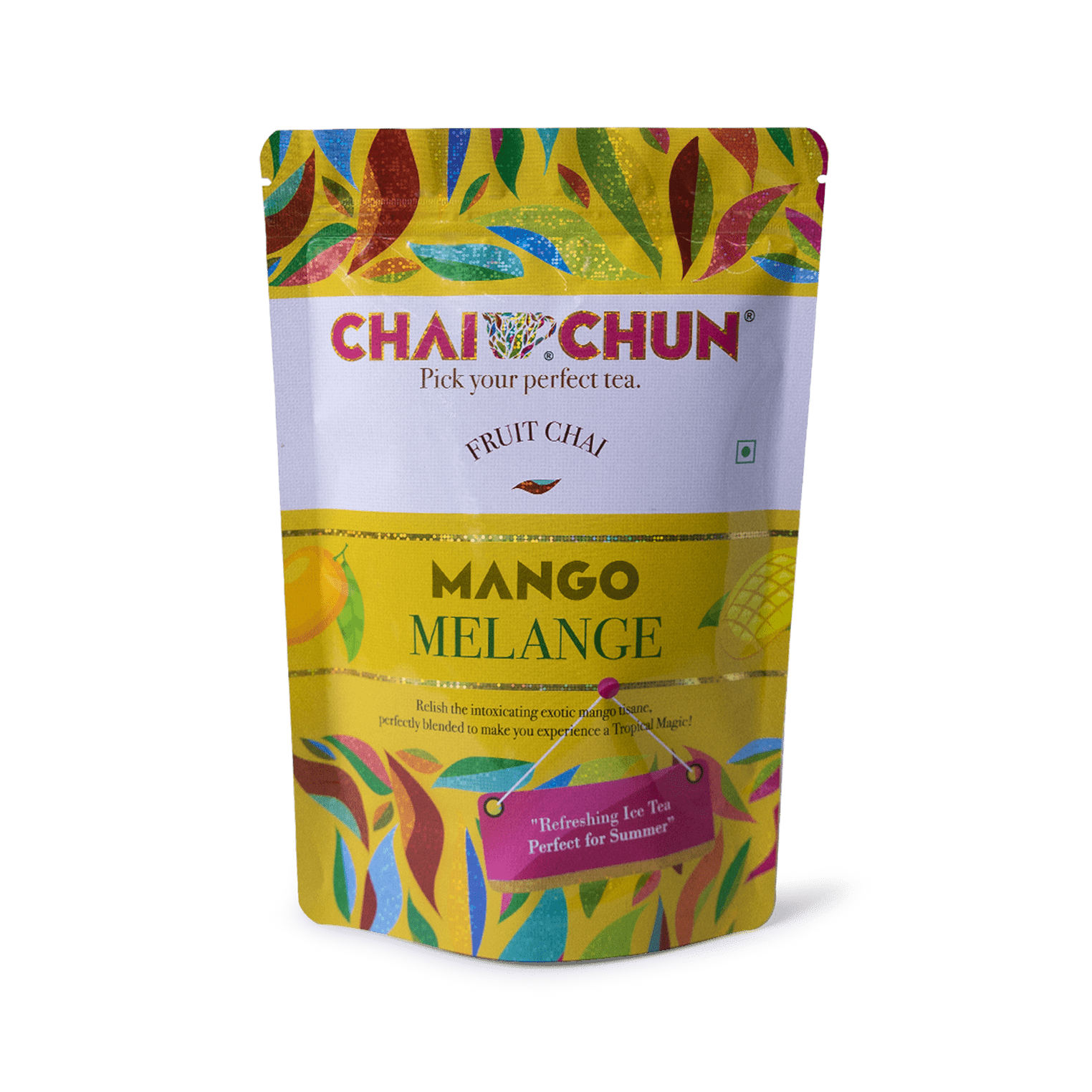 Packaging of Mango Melange fruit tea by CHAI CHUN, with colorful graphics of fruits and leaves.