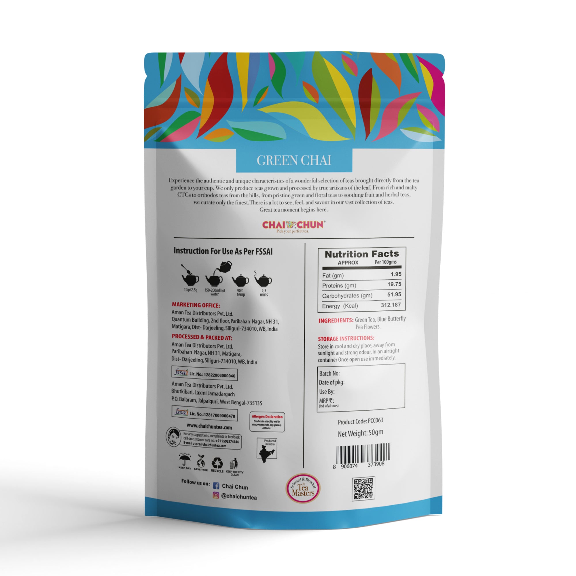 Back view of a green chai package with colorful design on a white background