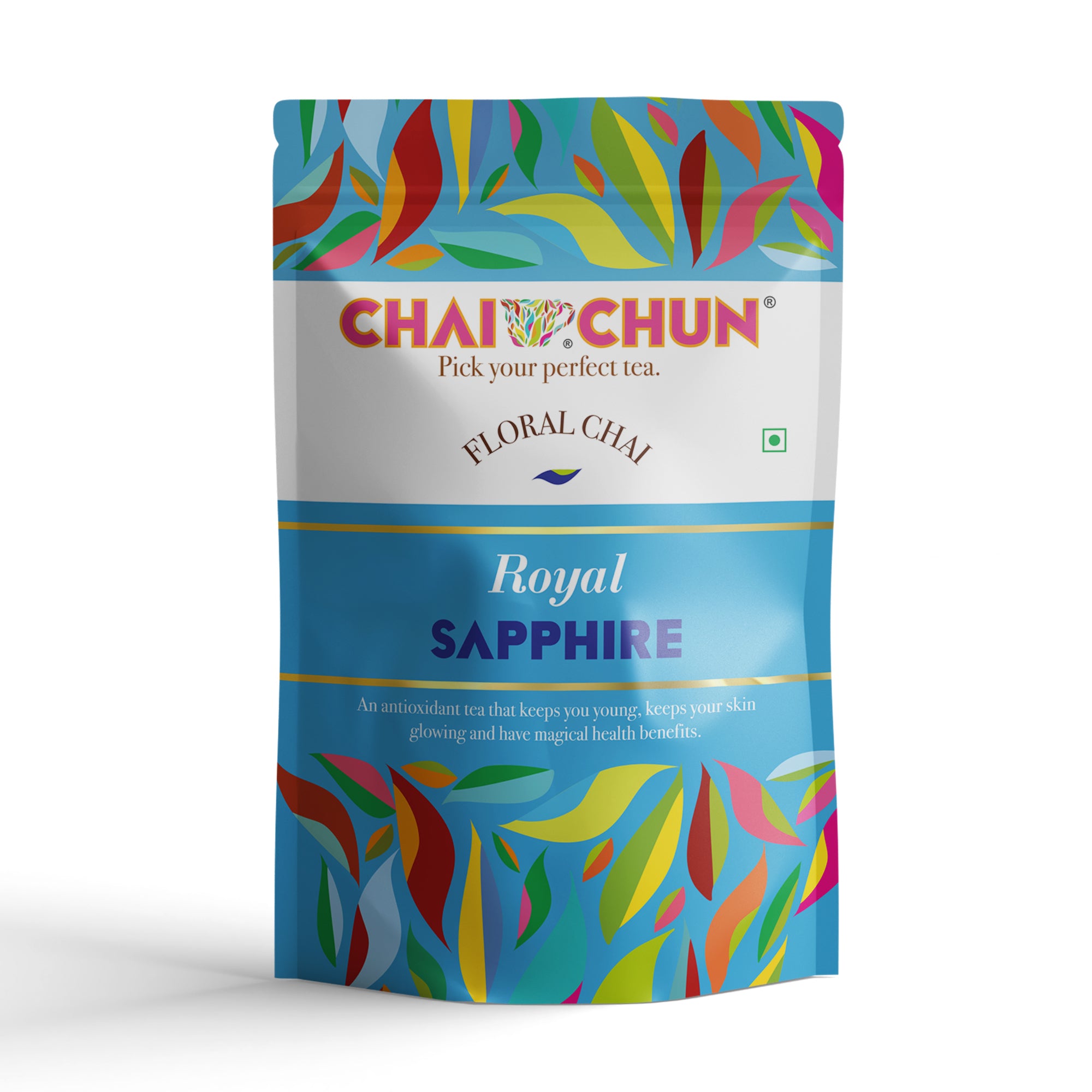 Chai Chun tea package with colorful leaf design on a white background