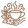 AROMATIC_BOTANICAL_BLENDS - A brown line-art illustration of a steaming coffee cup with leaves, flowers, and curling steam lines on a plain white background.