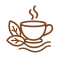 AROMATIC_REFRESHMENT - A minimalist brown line-art icon of a steaming cup with two leaves and wavy lines, centered on a plain white background.