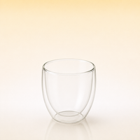 Aura Glass-A clear double-walled glass cup with a rounded shape, shown on a warm beige gradient background.