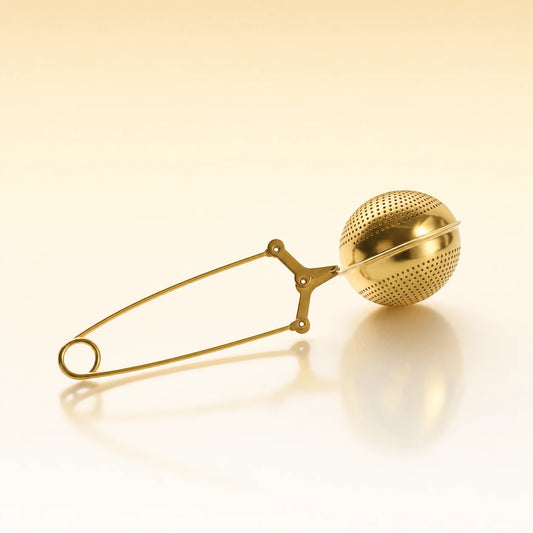 Aura Ball Infuser – Gold-toned stainless steel spherical tea infuser with a textured perforated surface, attached to a long safety-pin style clasp, photographed on a warm cream background with a soft reflection below.