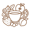 CAFFEINE-FREE_BLENDS - Brown line art illustration of a teacup surrounded by fruits including a strawberry, blueberries, apple, peach, and lemon slice on a white background.