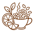CITRUSY_FLORAL_CHARM - A brown line art graphic of a teacup with steam, flowers, leaves, and lemon slices on a plain white background.