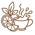 CRISP_TANGY_FLAVORS - A brown line-art illustration of a steaming cup with lemon slices and leaves on a white background.