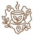 CURATED_REGIONAL_FLAVORS - A brown outline-style graphic of a steaming cup and saucer with leaf motifs, surrounded by map pins, leaves, and a flower on a white background.