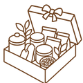 CURATED_SELECTIONS - A simple line drawing of an open gift box containing assorted packaged items, with a bow on the lid, shown on a plain white background.