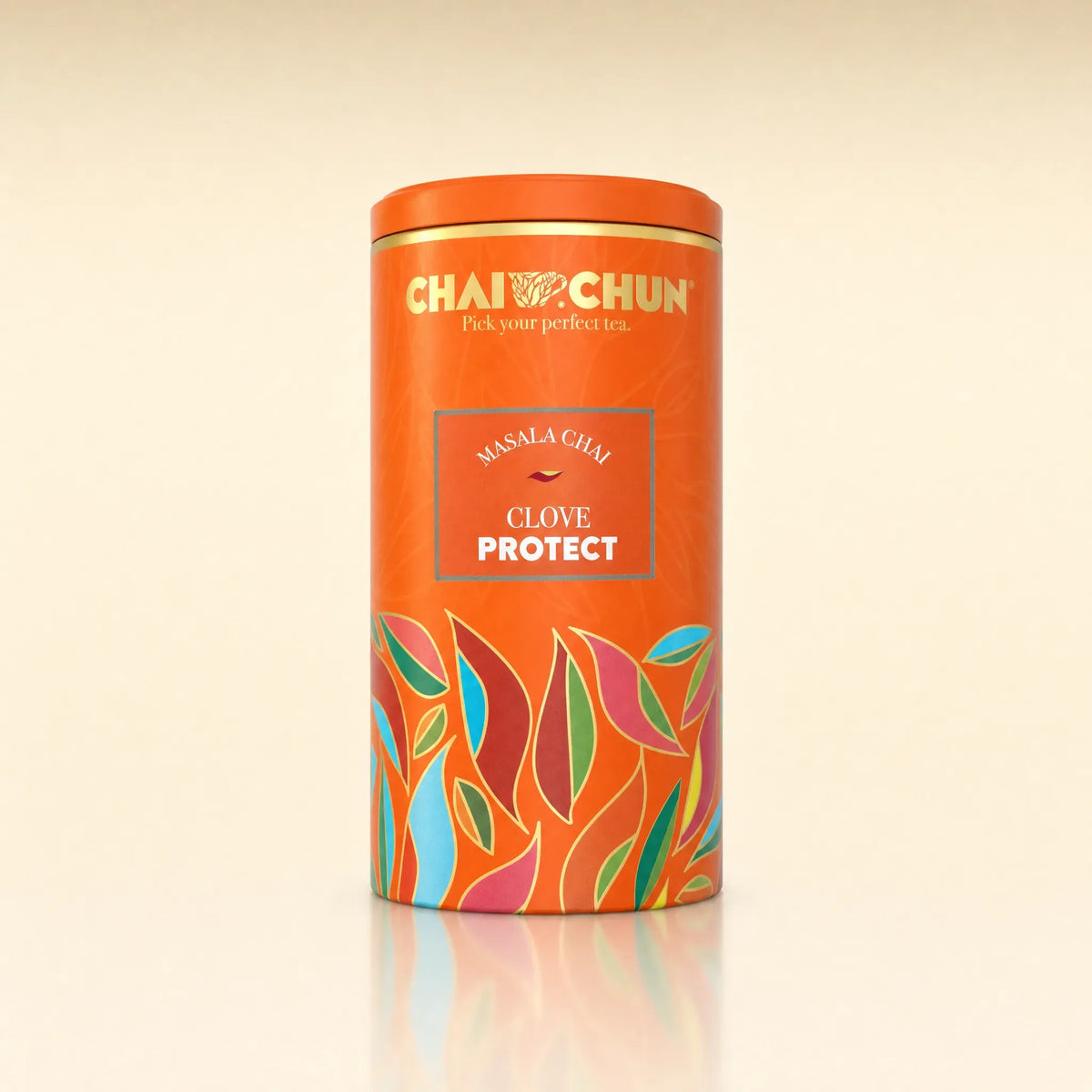 Chai Chun tea canister with colorful leaf design on a beige background