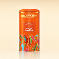 Chai Chun tea canister with colorful leaf design on a beige background