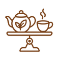 DAILY_PERFECT_BALANCE - Brown line art icon of a teapot and a steaming cup resting on a scale, centered on a white background.