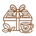 ELEGANT_PRESENTATION - A simple brown line-art illustration of a gift box tied with a bow, with a teacup and saucer in front and leaves at the lower left, on a white background.