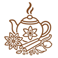 EXOTIC_AROMATIC_BLENDS - A brown line-art illustration of a teapot with steam, a flower motif on the side, and surrounding spices including a cinnamon stick, star anise, cloves, and a nut or seed, all on a plain white background.