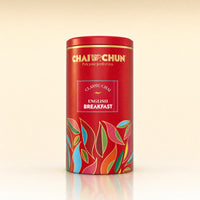 English Breakfast Tea displayed in an elegant tin caddy with refined packaging.