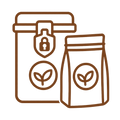 FRESHNESS_PRESERVED - Brown outline icon of two product bags or containers with leaf logos on a white background.