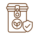 FRESHNESS_PRESERVED_5 - A brown outline icon of a jar with a lock, a leaf symbol, and a shield with a checkmark on a white background.