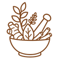 FUNCTIONAL_AYURVEDIC_BLENDS - A minimalist brown line-art illustration of a mortar and pestle filled with herbs, leaves, and root vegetables on a plain white background.