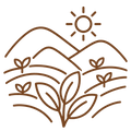 GARDEN_FRESH_DELIVERY - A minimalist brown line art icon depicting a sun over rolling hills and leafy plants, shown on a plain white background.