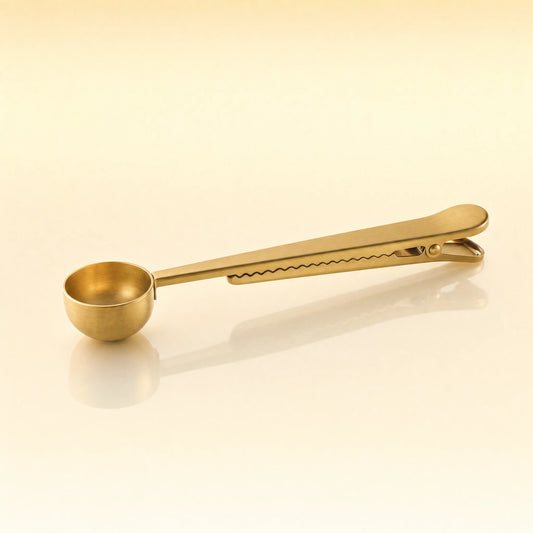 Golden Stir Spoon – Gold-toned stainless steel tea scoop with a round bowl and a long flat handle with a built-in clip, photographed on a warm cream background with a soft reflection below.