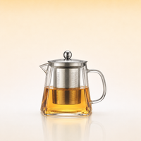 Infuser - A clear glass teapot with a stainless steel lid, metal infuser, and handle, filled with amber tea, centered on a warm beige gradient background with a soft reflection below.