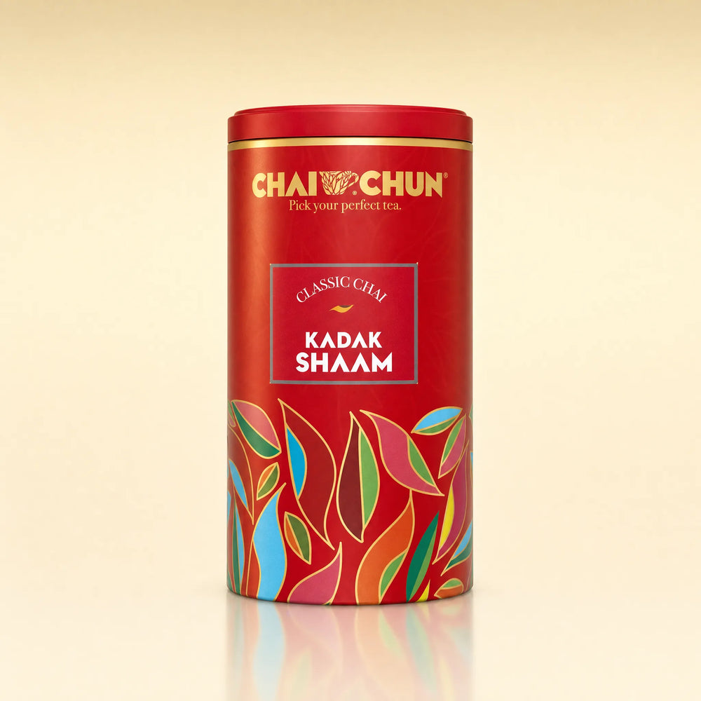 Kadak Shaam tea displayed in an elegant tin caddy with premium packaging.
