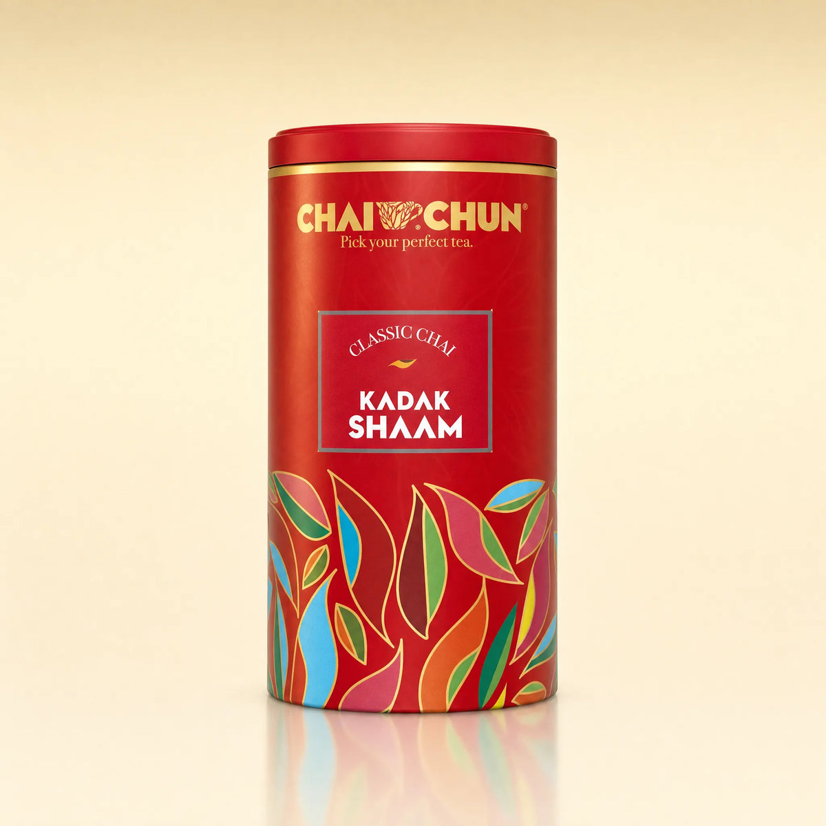 Kadak Shaam tea displayed in an elegant tin caddy with premium packaging.