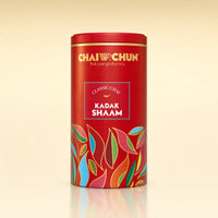 Kadak Shaam tea displayed in an elegant tin caddy with premium packaging.
