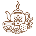 LUSH_ORTHODOX_PAIRINGS - A brown line-art illustration of a teapot with steam, a matching cup, loose leaves, and a flower-shaped tea blossom on a plain white background.