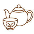 MINIMALIST_CERAMICS - A minimalist brown line-art illustration of a teapot and matching teacup on a plain white background.