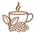 PREMIUM_CTC_BASE - A simple brown outline illustration of a steaming cup with leaves and a pile of round beans on a white background.