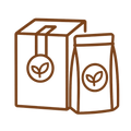 PREMIUM_PACKAGING - Brown line-art illustration of two product packaging containers, a rectangular box with a hanging loop and a standing pouch, both with a leaf icon on the front, on a white background.