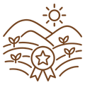 PREMIUM_SOURCE - A brown line-art icon depicting a sun over rolling hills, small sprouts, and a ribbon badge with a star in the center, shown on a white background.