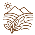 PURE_REGIONAL_HARVESTS - A brown line-art icon depicting a sun, mountains, rolling hills, and leafy plants on a white background.