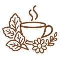 REFRESHING_HERBAL_FUSIONS - A brown line-art illustration of a steaming coffee cup with leaves and a flower around it, shown on a plain white background.