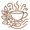 REVITALIZING_BOTANICALS - A brown line art icon of a steaming coffee cup with leaves and a flower, shown on a plain white background.