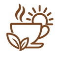 ROBUST_MORNING_CUPS - A brown line-art icon of a steaming cup with leaves and a rising sun on a plain white background.