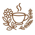 SOOTHING_CALMING_INFUSIONS - A brown line-art icon of a steaming cup of coffee or tea, decorated with a flower and leafy branches on a plain white background.