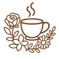 SOOTHING_FLORAL_SERENITY - A brown line-art illustration of a steaming coffee cup surrounded by flowers and leaves on a white background.
