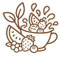 SUCCULENT_REFRESHMENT - A brown line art illustration of a teacup filled with fruit, including strawberries, blueberries, raspberries, and watermelon slices, on a plain white background.