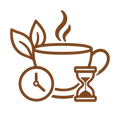 TIMELESS_DAILY_BREWS - Brown outline icon of a steaming cup with leaves, a clock, and an hourglass on a white background.