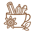 TRADITIONAL_SPICE_BLENDS - A minimalist brown line-art illustration of a mug filled with cinnamon sticks, a cocoa pod, and a spoon, with a flower and leaf motif on the front, set against a solid white background.